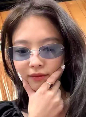 Jennie同款无框蓝色太阳镜女潮高级感椭圆形防紫外线墨镜百搭时尚