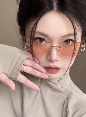 无框茶色墨镜女欧美嘻哈说唱hiphop复古小框太阳镜男士西海岸眼镜