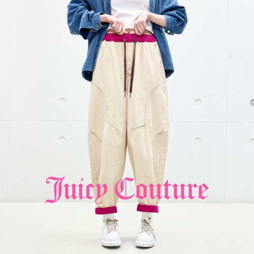 【100%棉】Juicy Couture橘滋休闲裤女米白撞色灯芯绒束脚长裤 - 图0