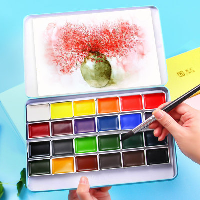 新品奥文固体水彩颜料18色24色36色固体水彩套装学院级初学者透明水彩画套装写生便携铁盒装水彩画固体颜料 虎窝淘