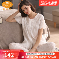 Dalli Home Sleeping Clothes Woman Summer Thin style Sexy pure cotton Two sets Mom short sleeve long pants big size