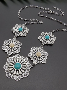 外贸饰品A2新款质感复古几何镶嵌彩色石头街拍走秀漂亮大气项链