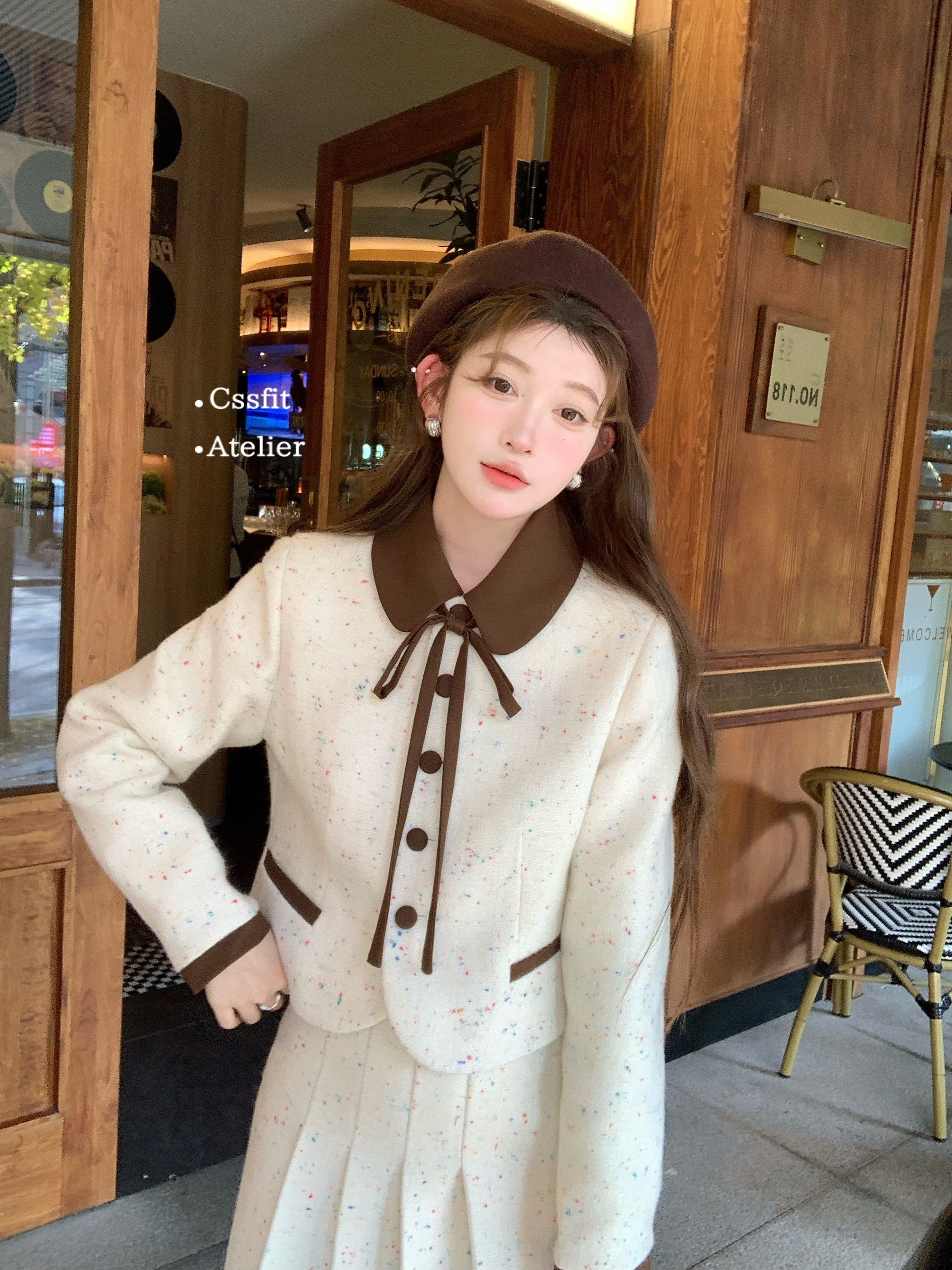 迟伞伞  布尔乔亚调色盘 彩色点点羊毛呢撞色外套半身长裙女套装,淘宝优惠券,粉丝福利购,淘宝优惠卷