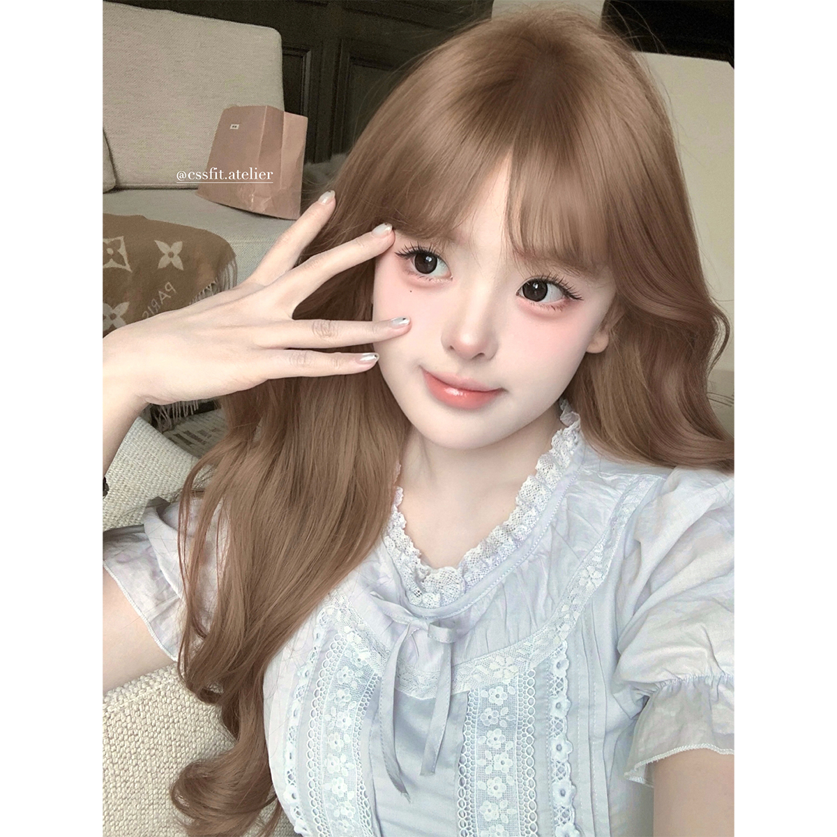 迟伞伞25/ss 巴黎小雨 蓝灰蕾丝蝴蝶结纯棉重工泡泡袖花边连衣裙 - 图2