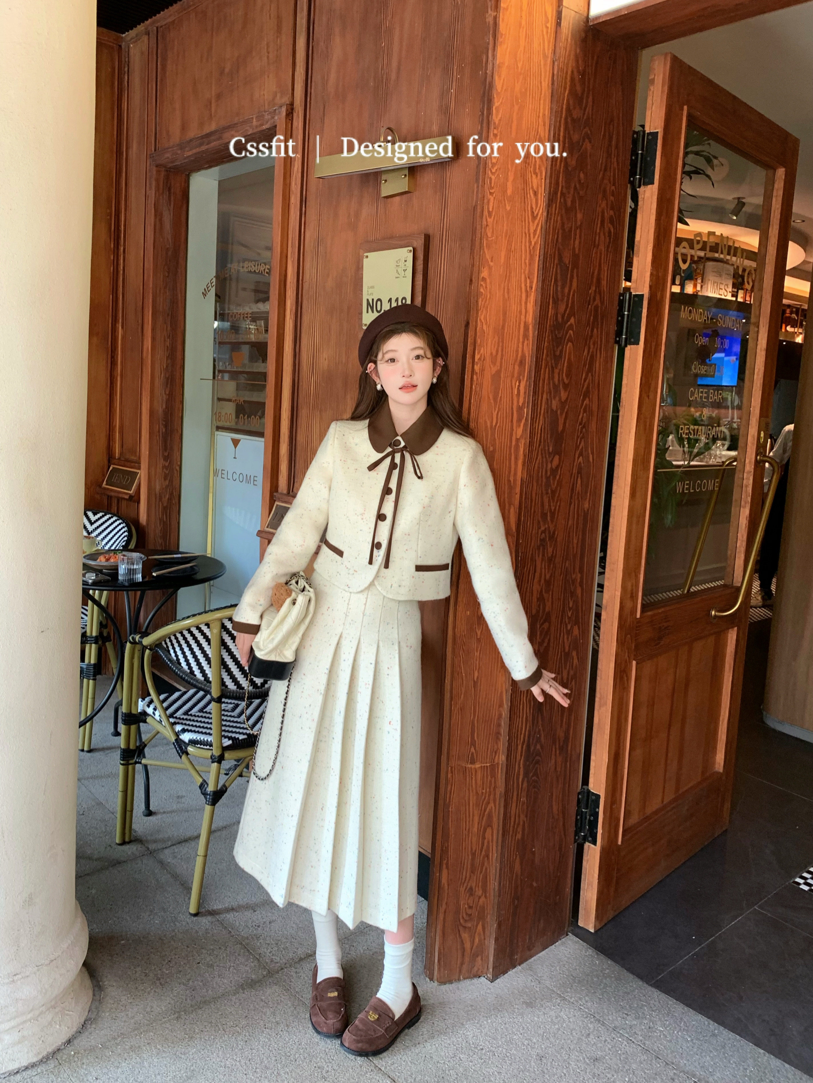 迟伞伞  布尔乔亚调色盘 彩色点点羊毛呢撞色外套半身长裙女套装,淘宝优惠券,粉丝福利购,淘宝优惠卷