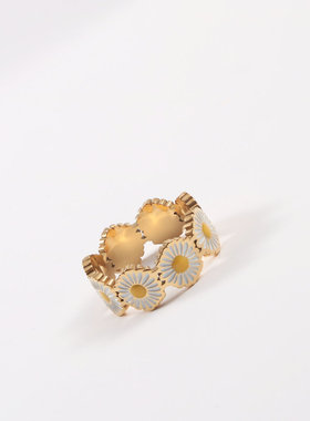 欧美2023新款INS风小众设计小邹菊花朵戒指珐琅指环女钛钢镀18K金