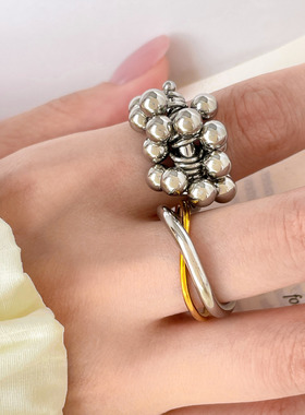 欧美时尚新款小众设计小钢球葡萄戒指钛钢镀18K金指环百搭个性ins