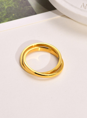 欧美时尚新款钛钢镀18K金双环戒指指环女士简约春夏新品百搭气质