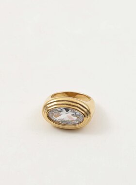 欧美跨境新款大号椭圆锆石戒指夸张个性钛钢镀18k金指环潮流夜店