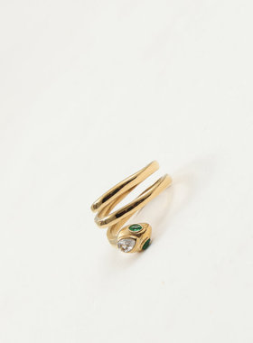 本命年中国风蛇年个性生肖小蛇戒指绿眼睛镶钻钛钢镀18k金指环女