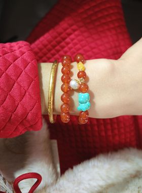 新中式双圈红玛瑙菱镁矿小熊手串显白轻奢小众精致本命年2025新款