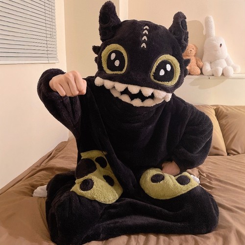 无牙仔连体睡衣女秋冬季珊瑚绒搞怪可爱卡通男女大码可外穿家居服 - 图3