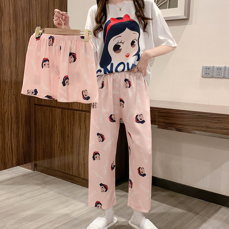 冰丝睡衣女夏季短袖长裤三件套春秋卡通大码丝绸带胸垫宽松家居服 - 图2