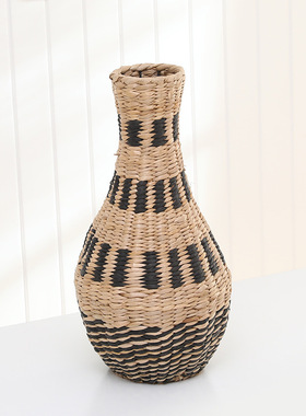 厂家手工草编花瓶家居桌面复古装饰小口花瓶仿真摆件编织插干花篮