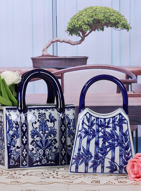 青花陶瓷手提包家居软装饰品电视柜博古架精致摆件插花瓶厂家直销