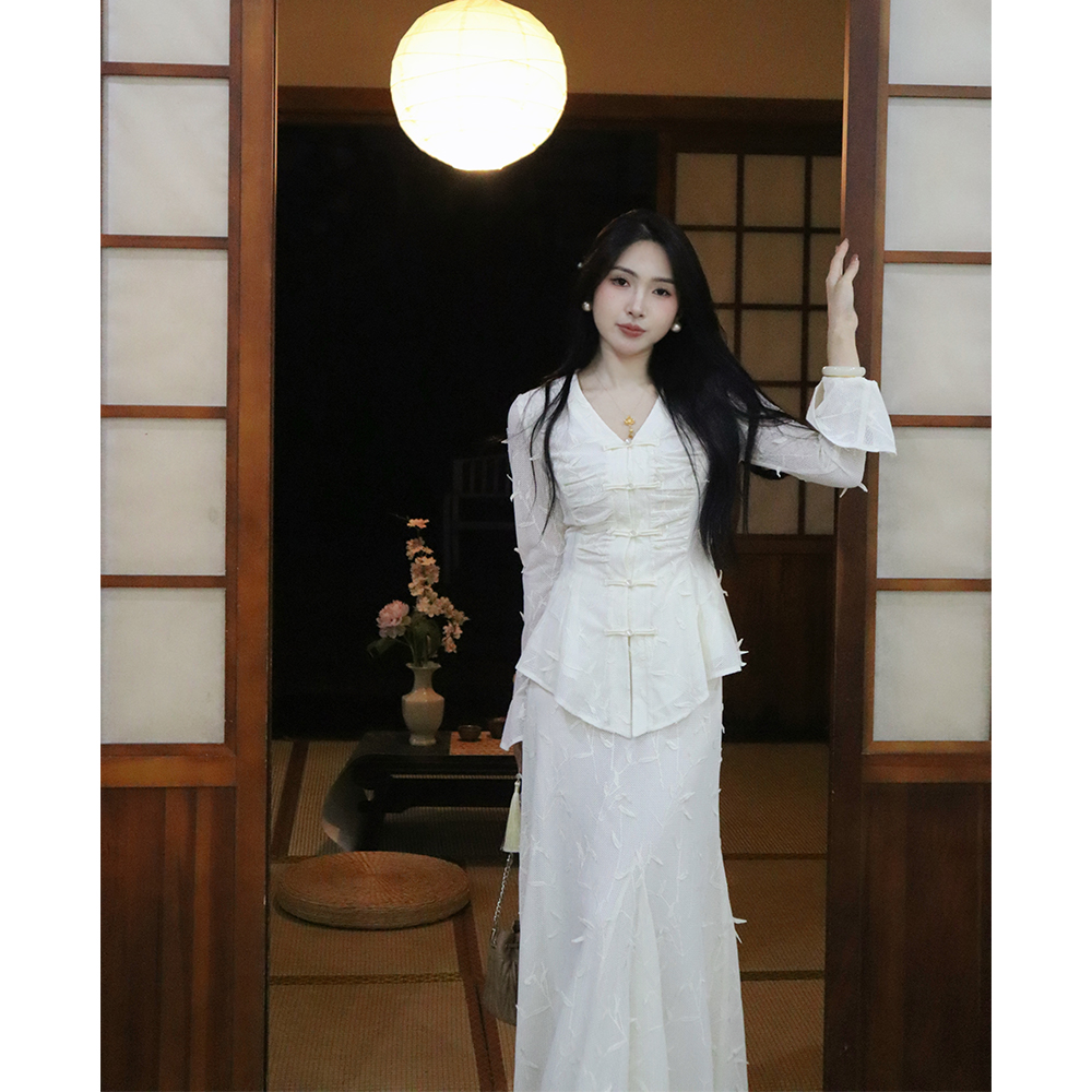 【现货】贰羊设计【箬竹】国风新中式小众设计竹子白色上衣半裙 - 图1