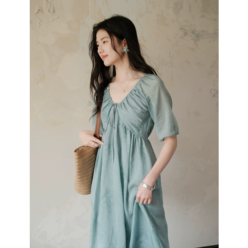 Дизайнерское платье с рукавами, китайский стиль, V-образный вырез, с вышивкой