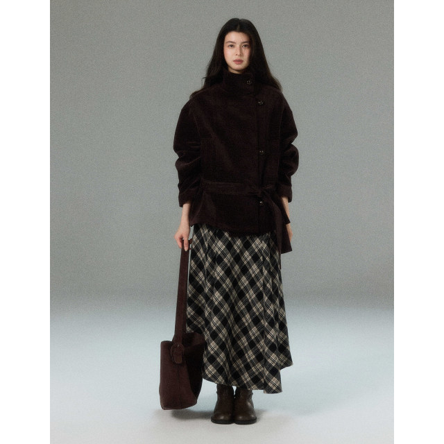 Er Sheep Design Jinmu Stand Collar Short Off Shoulder Jacket Women's Autumn and Winter Chenille Waist Loose Jacket Top