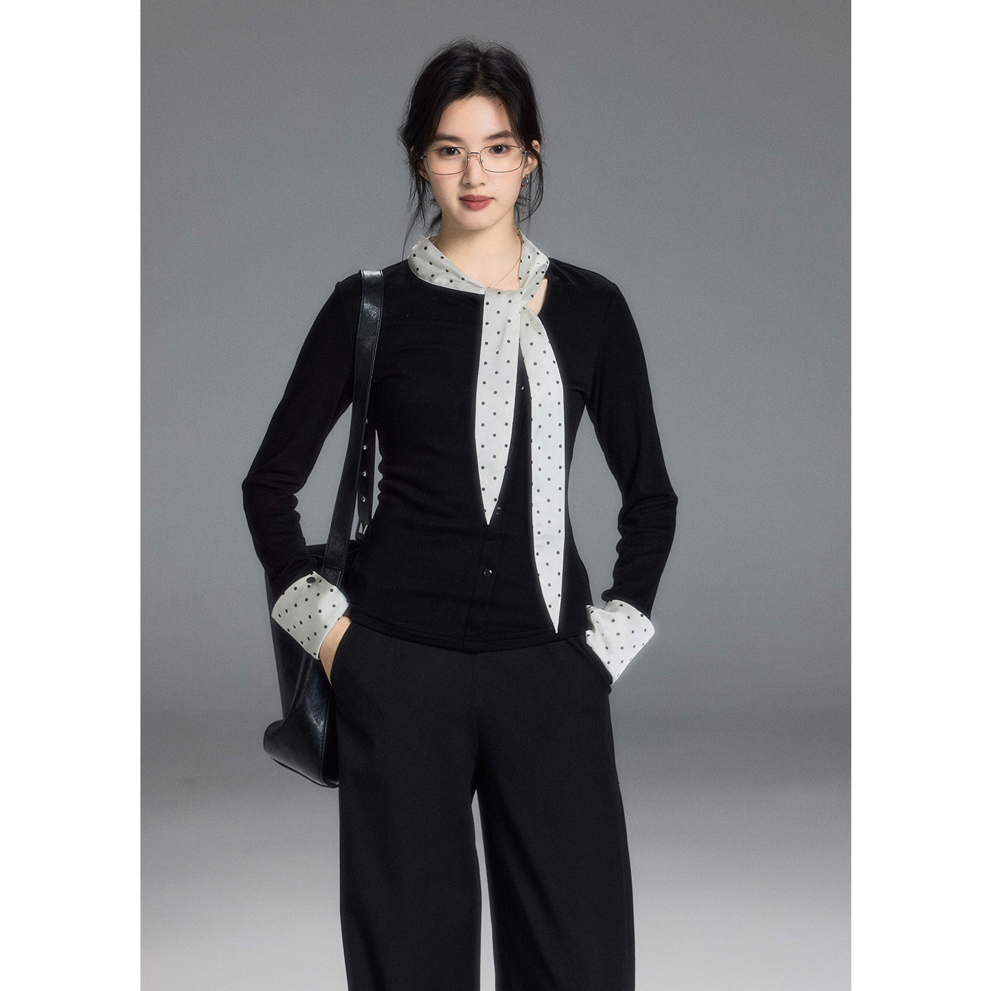 贰羊设计【瑰丽】法式气质波点系带拼针织假两件衬衫女通勤感上衣,淘宝优惠券,粉丝福利购,淘宝优惠卷