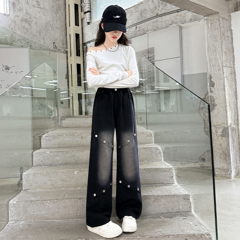 黑色铆钉风牛仔裤女童2026新款中大童阔腿裤中学生宽松洋气长裤子,淘宝优惠券,粉丝福利购,淘宝优惠卷
