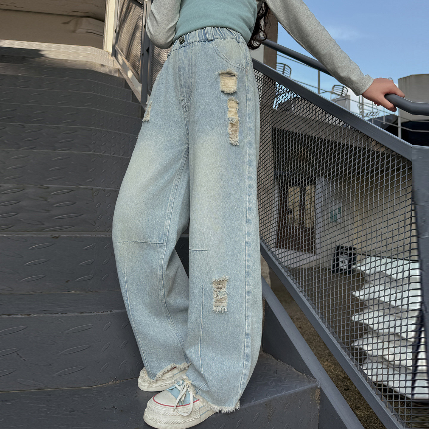 女童春装破洞牛仔裤外穿2026新款韩版大童直筒阔腿裤中学生长裤子,淘宝优惠券,粉丝福利购,淘宝优惠卷