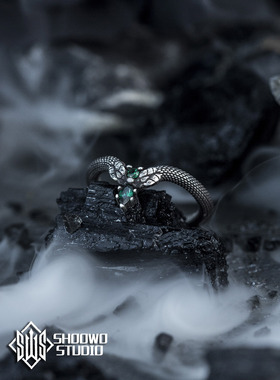 手午原创|925银双生小蛇尾戒指宝石女潮酷哥特个性情侣礼物蛇院