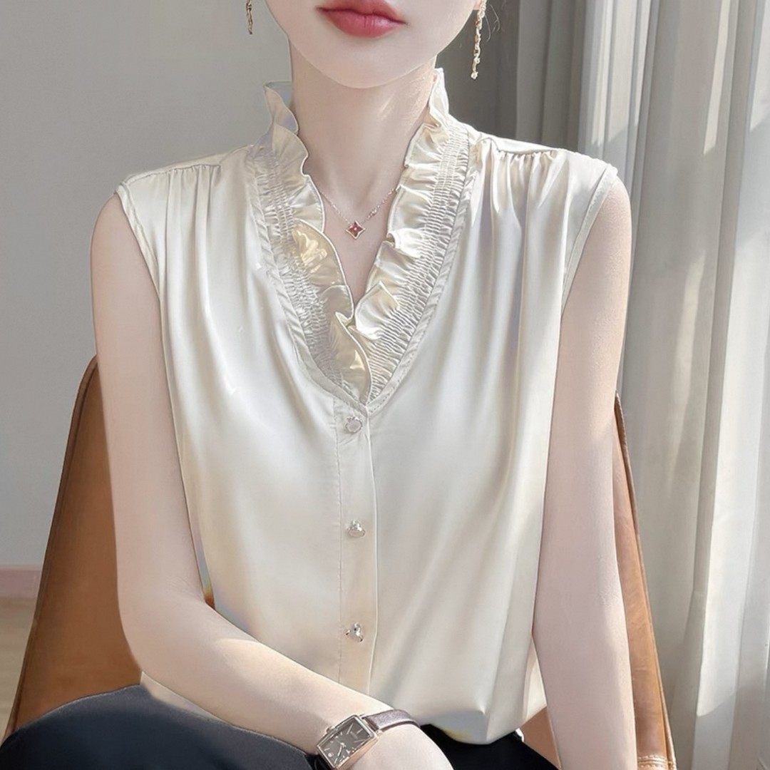 法式V领木耳花边丝滑缎面无袖背心气质内搭女叠穿百搭打底秋季,淘宝优惠券,粉丝福利购,淘宝优惠卷