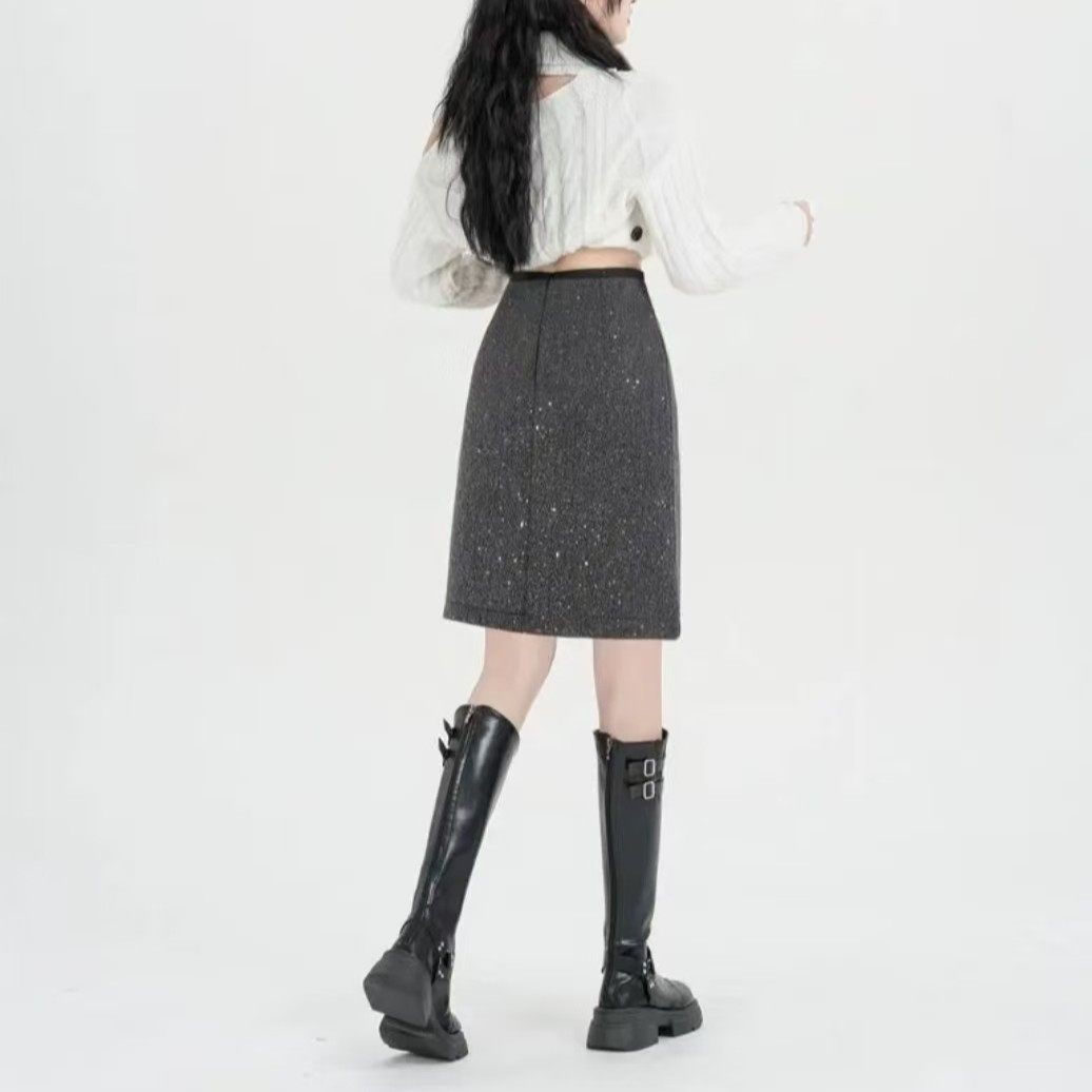 大码香风高级亮片毛呢中裙秋冬款半身裙高腰显瘦A字包臀短裙,淘宝优惠券,粉丝福利购,淘宝优惠卷