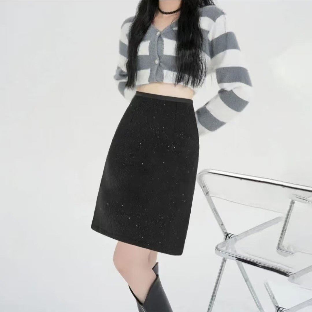 大码香风高级亮片毛呢中裙秋冬款半身裙高腰显瘦A字包臀短裙,淘宝优惠券,粉丝福利购,淘宝优惠卷