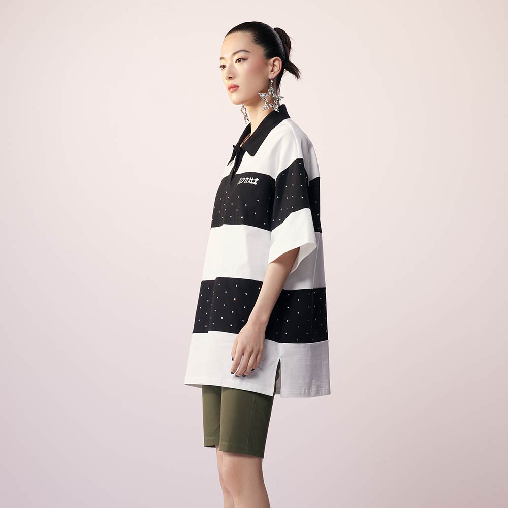 UOOYAA/乌丫2021夏季新款华丽烫钻经典黑白条纹POLO短袖T恤