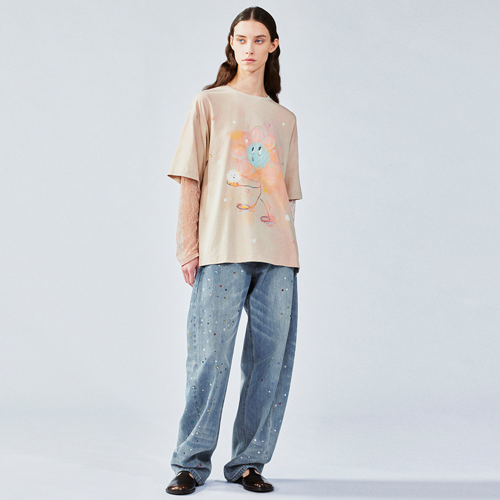 UOOYAA/乌丫2025夏款「白日梦」吹蒲公英的花朵蕾丝长袖假两件T恤,淘宝优惠券,粉丝福利购,淘宝优惠卷