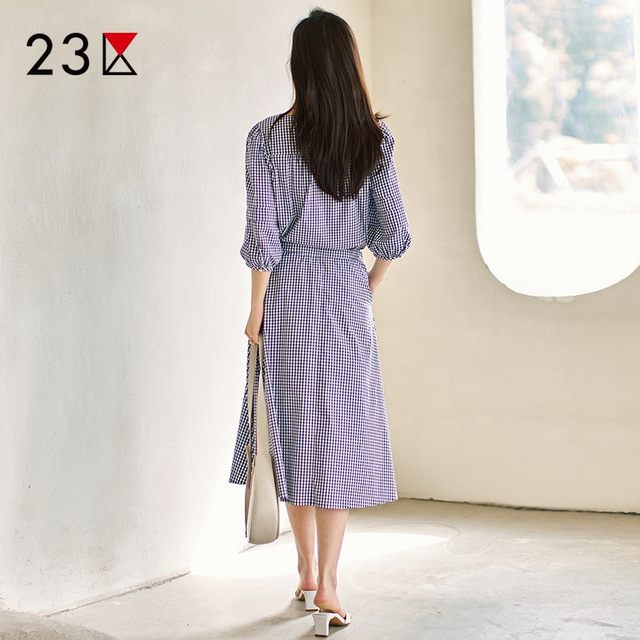 Cotton blended fine plaid over-the-knee skirt, same style as the store