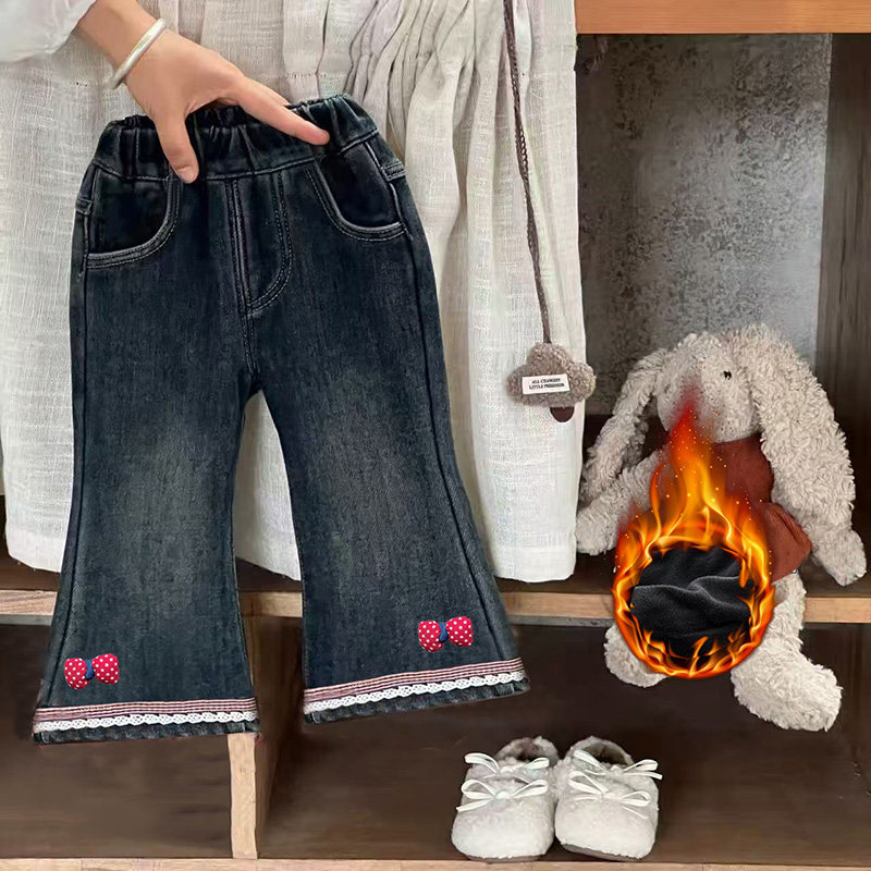 女童秋冬季一体绒牛仔裤儿童蝴蝶结花边喇叭裤小女孩洋气休闲裤,淘宝优惠券,粉丝福利购,淘宝优惠卷