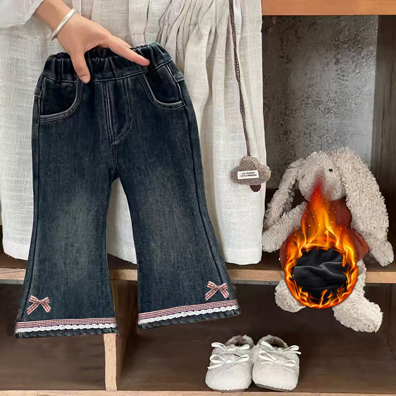 女童秋冬季一体绒牛仔裤儿童蝴蝶结花边喇叭裤小女孩洋气休闲裤,淘宝优惠券,粉丝福利购,淘宝优惠卷