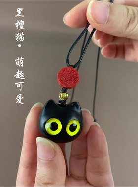 黑檀木招财猫可调节项链长款
