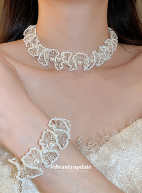 重工纯手工串珠超仙法式复古白色米珠项链手链优雅淑气质首饰套装