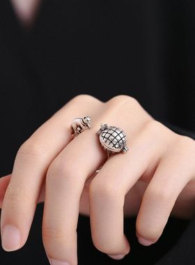复古香薰猫咪戒指女香丸设计感可打开做旧工艺镂空可爱开口指环