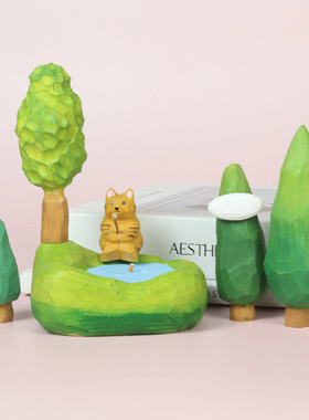 木雕摆件山间树手工雕刻治愈系摆件小木雕地摊礼物猫咪绿树木雕