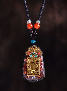 福牌檀木吊坠尼泊尔手工镶嵌福字唐卡挂脖民族风男女富贵好运项链