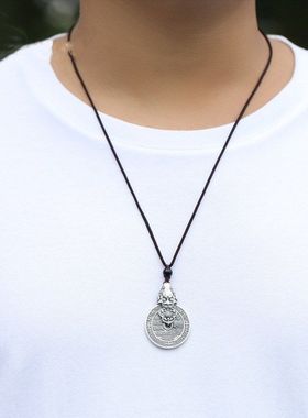 千叶复古山鬼花钱貔貅泰银吊坠进宝貔貅挂件挂绳男乾坤八卦银项坠