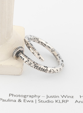 s925纯银欧美中性涂鸦钉子开口戒