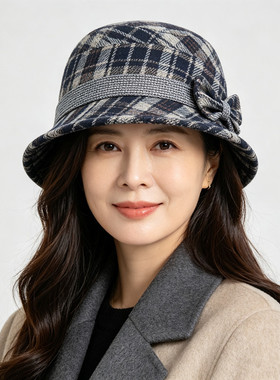 保暖秋冬季加厚妈妈帽子毛呢渔夫帽奶奶中老年复古盆帽礼帽时装