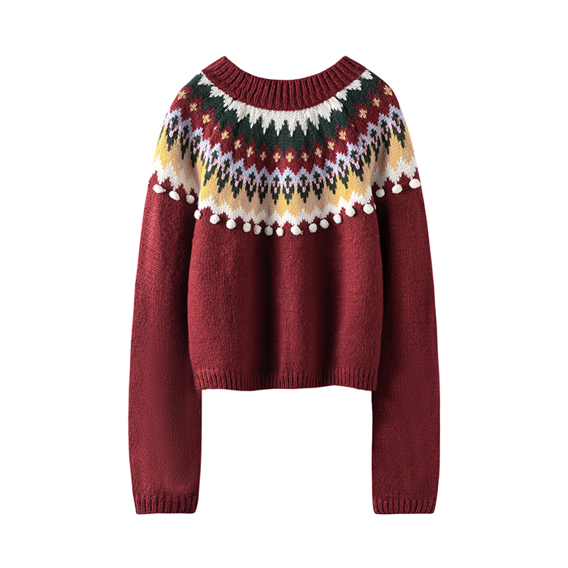 上身方知美!纯山羊绒圣诞节红色针织衫毛衣秋冬复古新年圆领上衣 - 图2