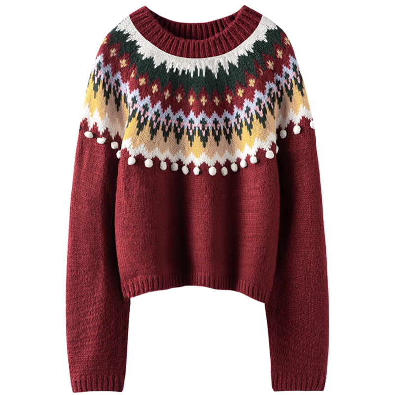 上身方知美！纯山羊绒圣诞节红色针织衫毛衣秋冬复古新年圆领上衣 - 图3