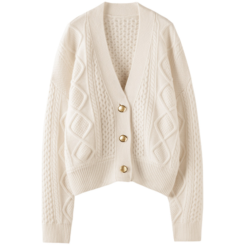 尽显柔美雅致~新款质感绞花长袖V领纯山羊绒针织开衫上衣外套 - 图3