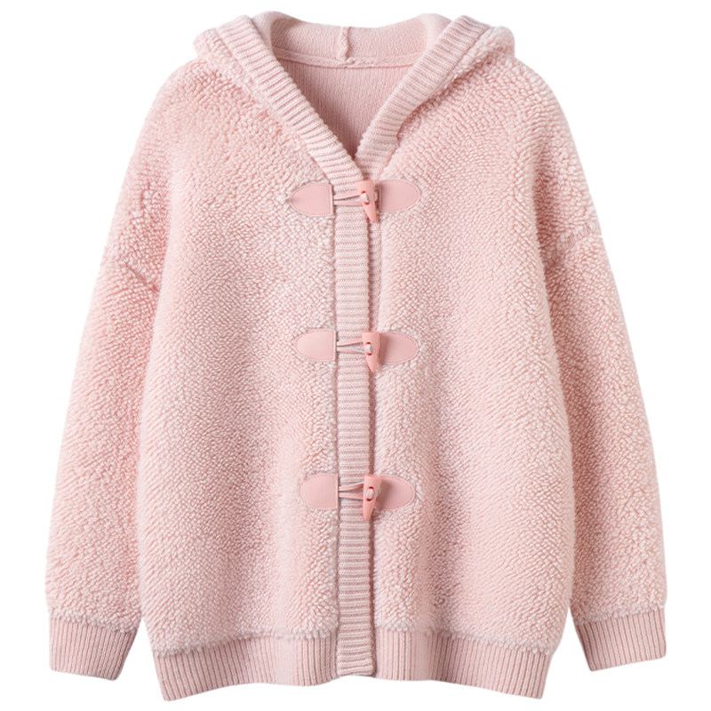 好看的品质~慵懒风软糯牛角扣连帽毛衣女100纯羊绒针织开衫外套冬,淘宝优惠券,粉丝福利购,淘宝优惠卷