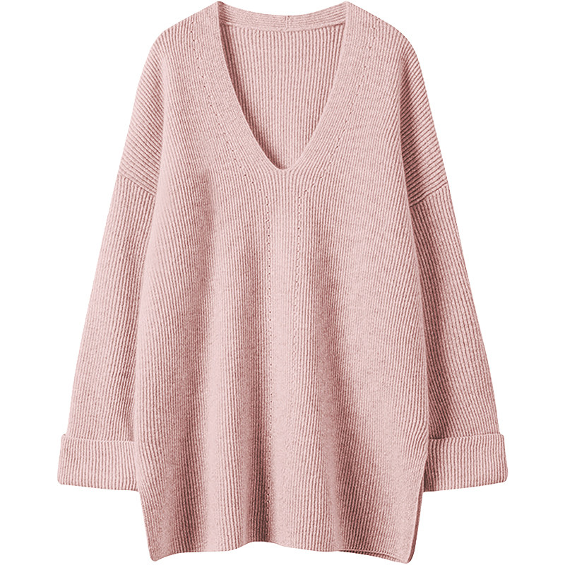 简约好穿给满分！莫兰迪粉下摆开叉V领羊绒衫宽松袖口纯山羊绒,淘宝优惠券,粉丝福利购,淘宝优惠卷