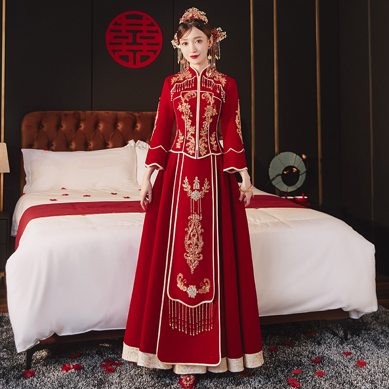 倾妍阁旗舰店秀禾服新娘年新款冬季结婚礼服高档重工龙凤褂中式婚纱丝绒款1