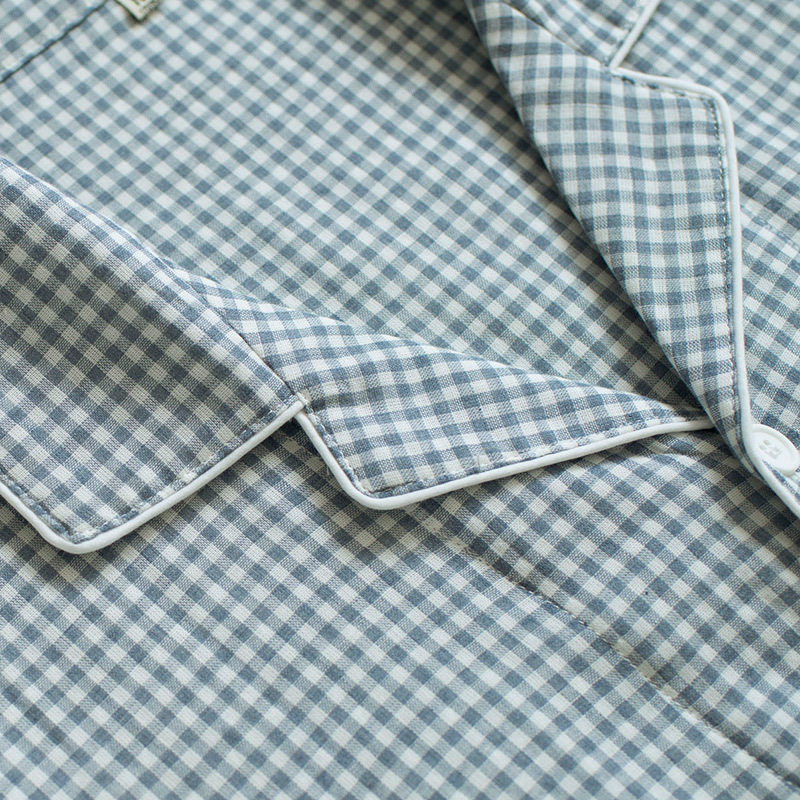 情侣男女士纯棉纱布格子长袖睡衣 八月格桑睡衣/家居服套装