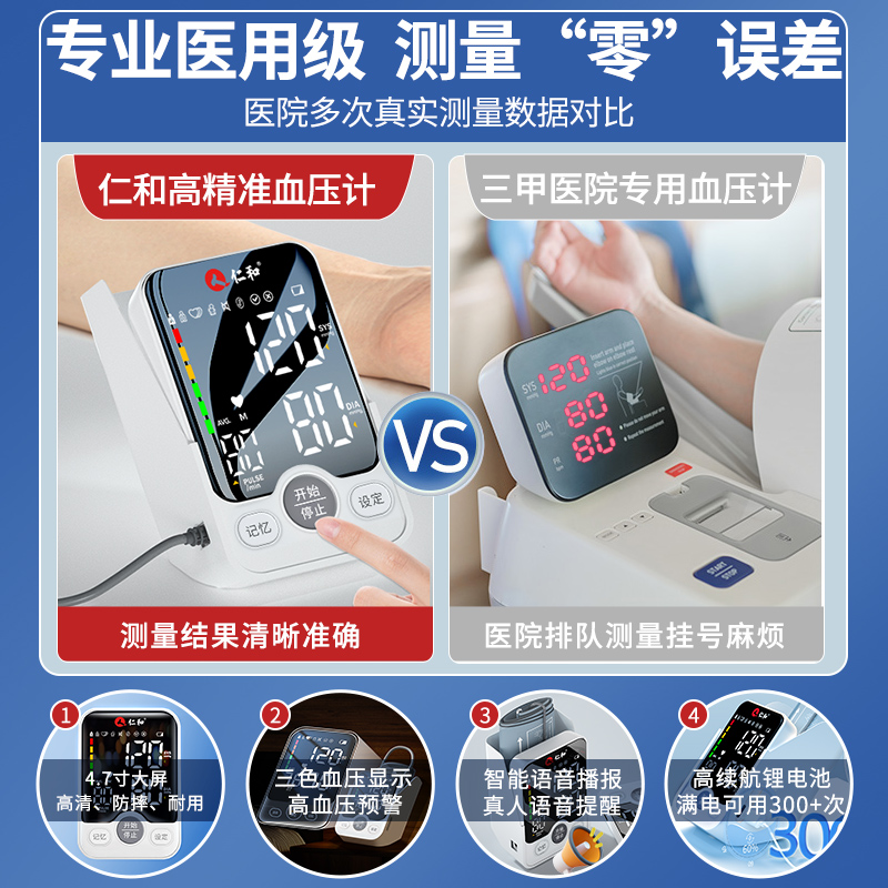 阿里健康大药房仁和血压测量仪家用电子血压计高精准医用精准高血压测量仪器老人1